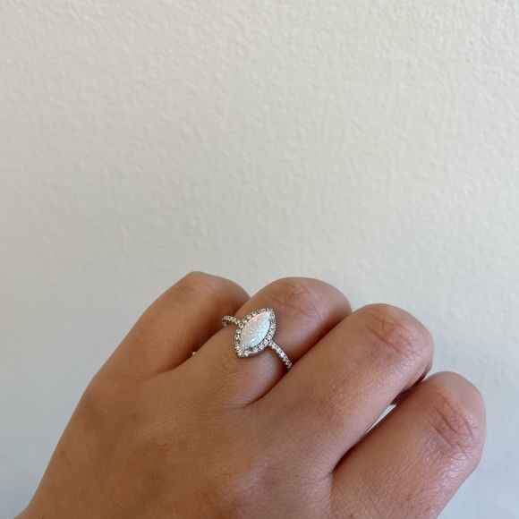 Opal Marquise Halo Opal Ring Sterling Silver CZ Ring - Picture 4 of 7